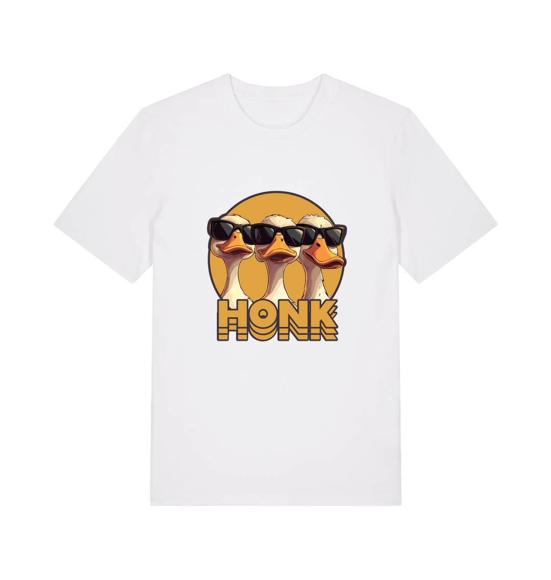 white funny graphic t-shirt with three geese in sunglasses and the slogan 'honk'