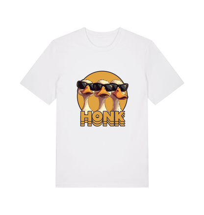 white funny graphic t-shirt with three geese in sunglasses and the slogan 'honk'