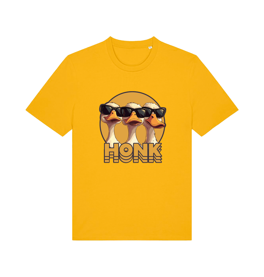 yellow funny graphic t-shirt with three geese in sunglasses and the slogan 'honk'