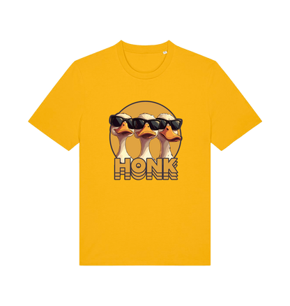yellow funny graphic t-shirt with three geese in sunglasses and the slogan 'honk'