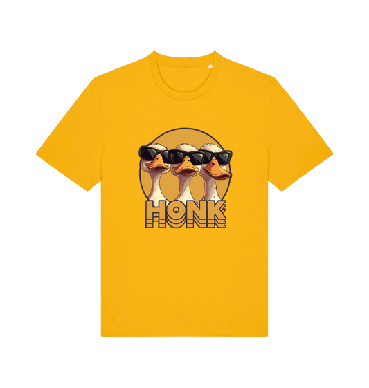 yellow funny graphic t-shirt with three geese in sunglasses and the slogan 'honk'