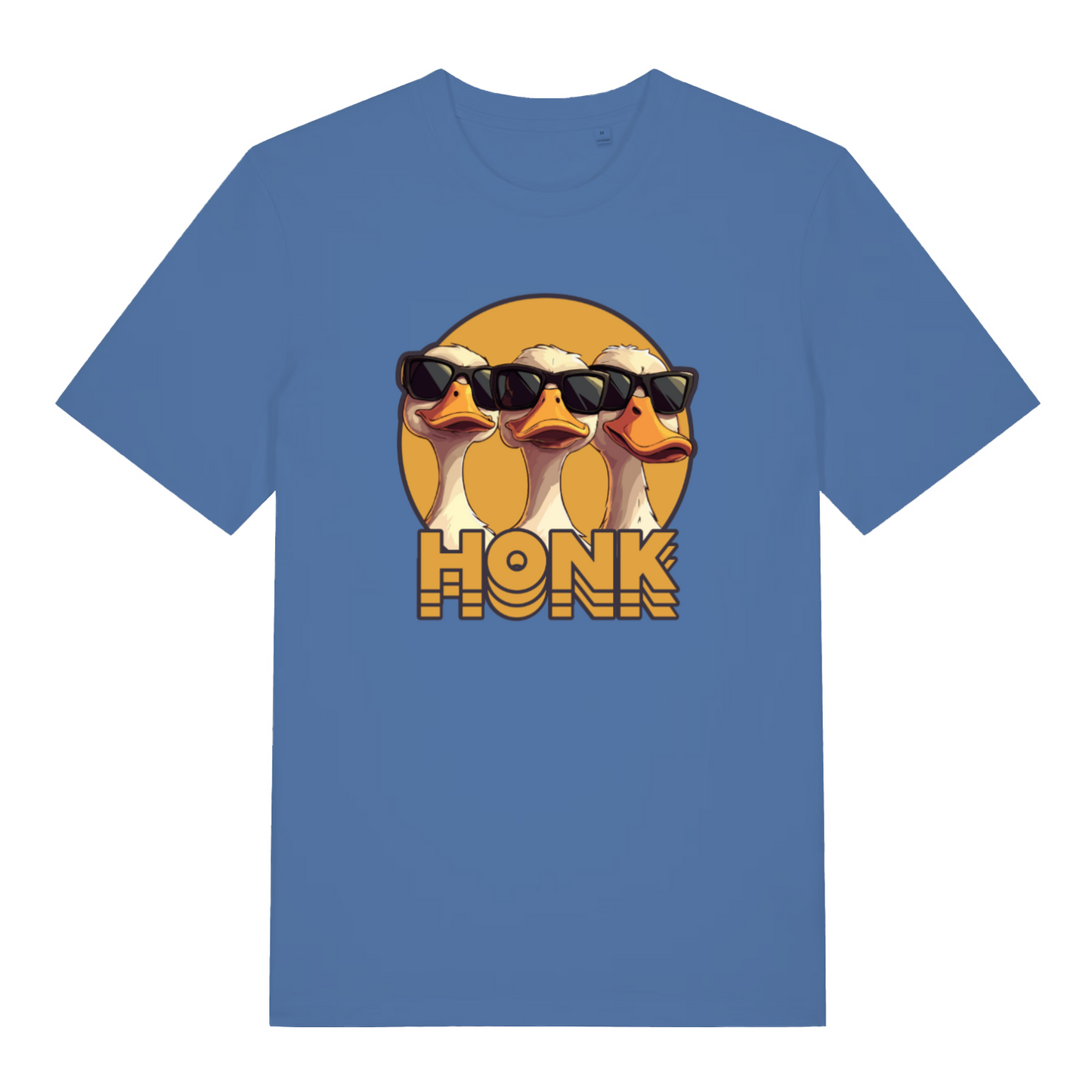 blue funny animal t-shirt with the graphic of three geese wearing sunglasses and the word 'honk'
