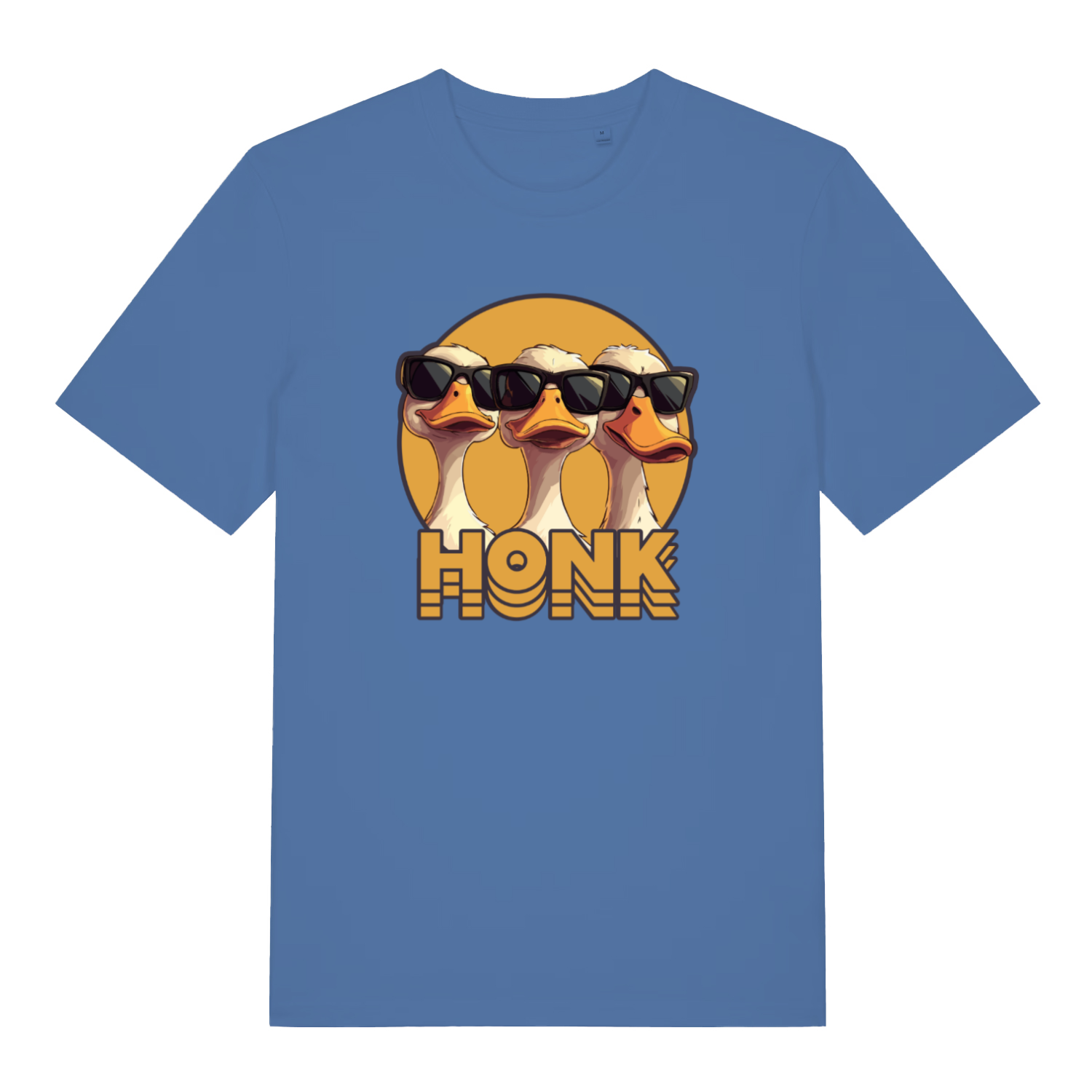 blue funny animal t-shirt with the graphic of three geese wearing sunglasses and the word 'honk'