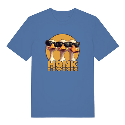 blue funny animal t-shirt with the graphic of three geese wearing sunglasses and the word 'honk'