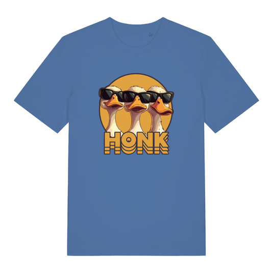 blue funny animal t-shirt with the graphic of three geese wearing sunglasses and the word 'honk'
