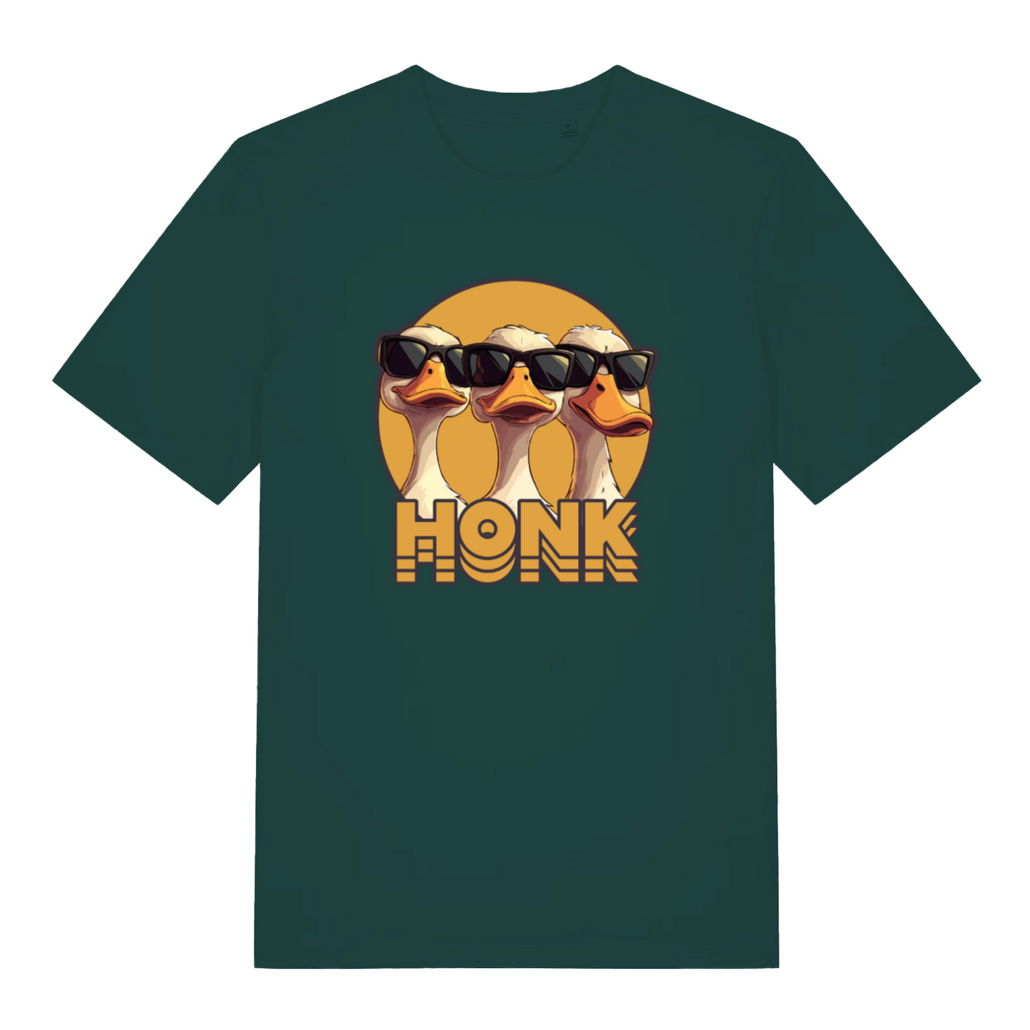 green funny animal t-shirt with the graphic of three geese wearing sunglasses and the word 'honk'