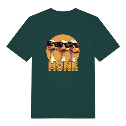 green funny animal t-shirt with the graphic of three geese wearing sunglasses and the word 'honk'
