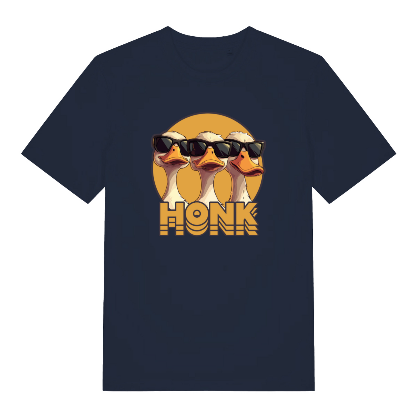 navy funny animal t-shirt with the graphic of three geese wearing sunglasses and the word 'honk'