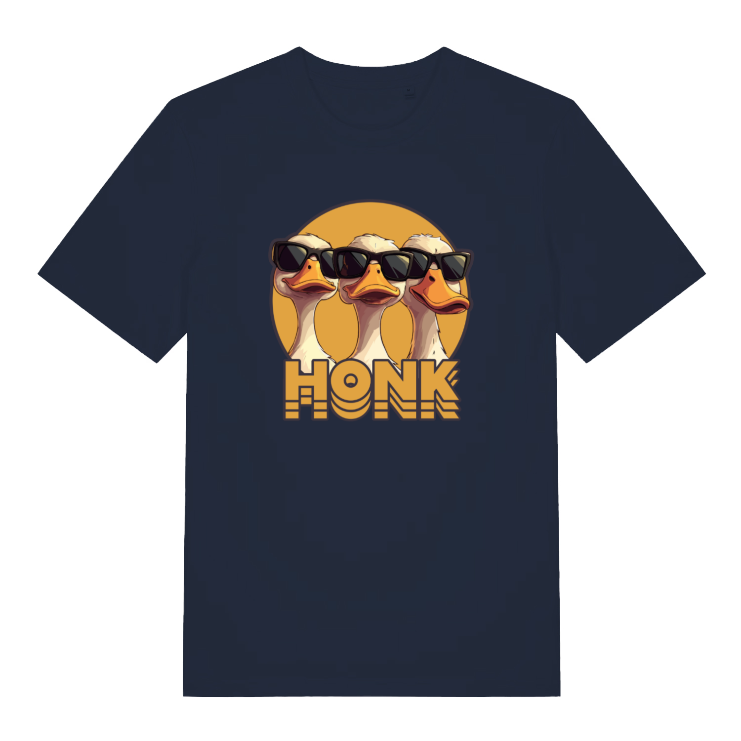 navy funny animal t-shirt with the graphic of three geese wearing sunglasses and the word 'honk'