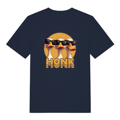 navy funny animal t-shirt with the graphic of three geese wearing sunglasses and the word 'honk'
