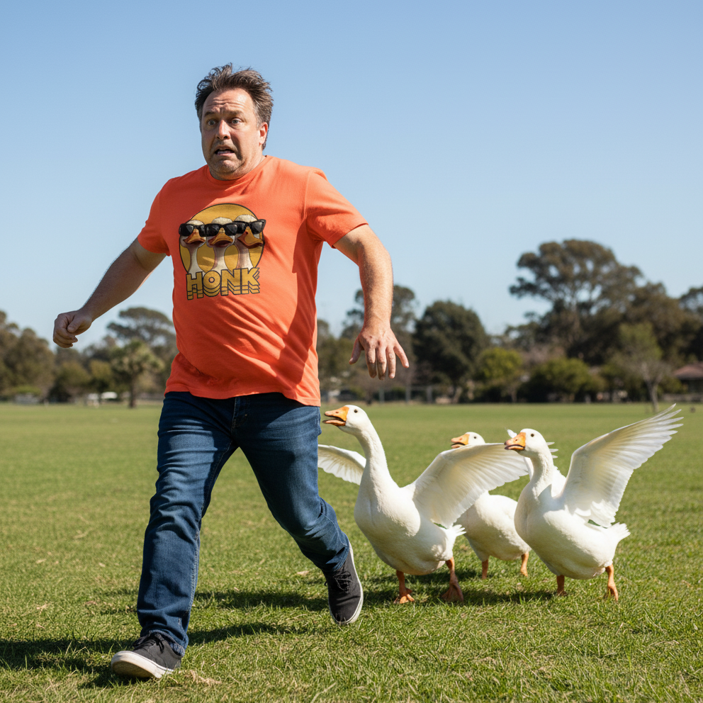 Man in an orange shirt running with geese in a grassy field
