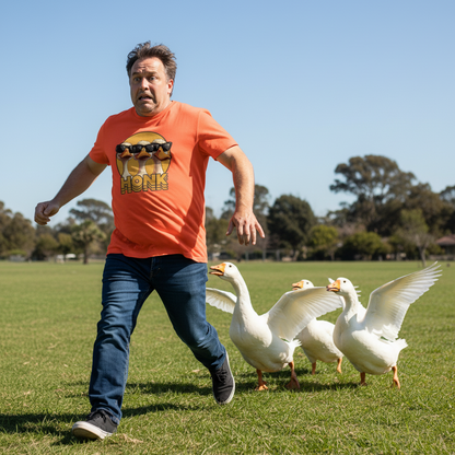 Man in an orange shirt running with geese in a grassy field