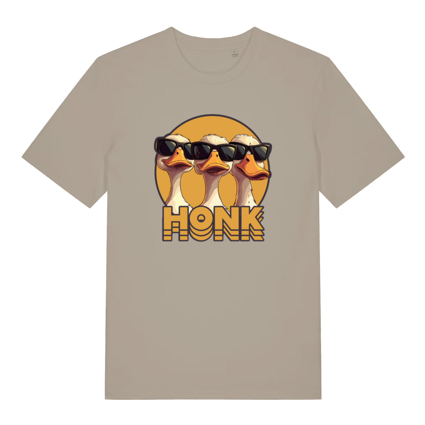 stone funny animal t-shirt with the graphic of three geese wearing sunglasses and the word 'honk'