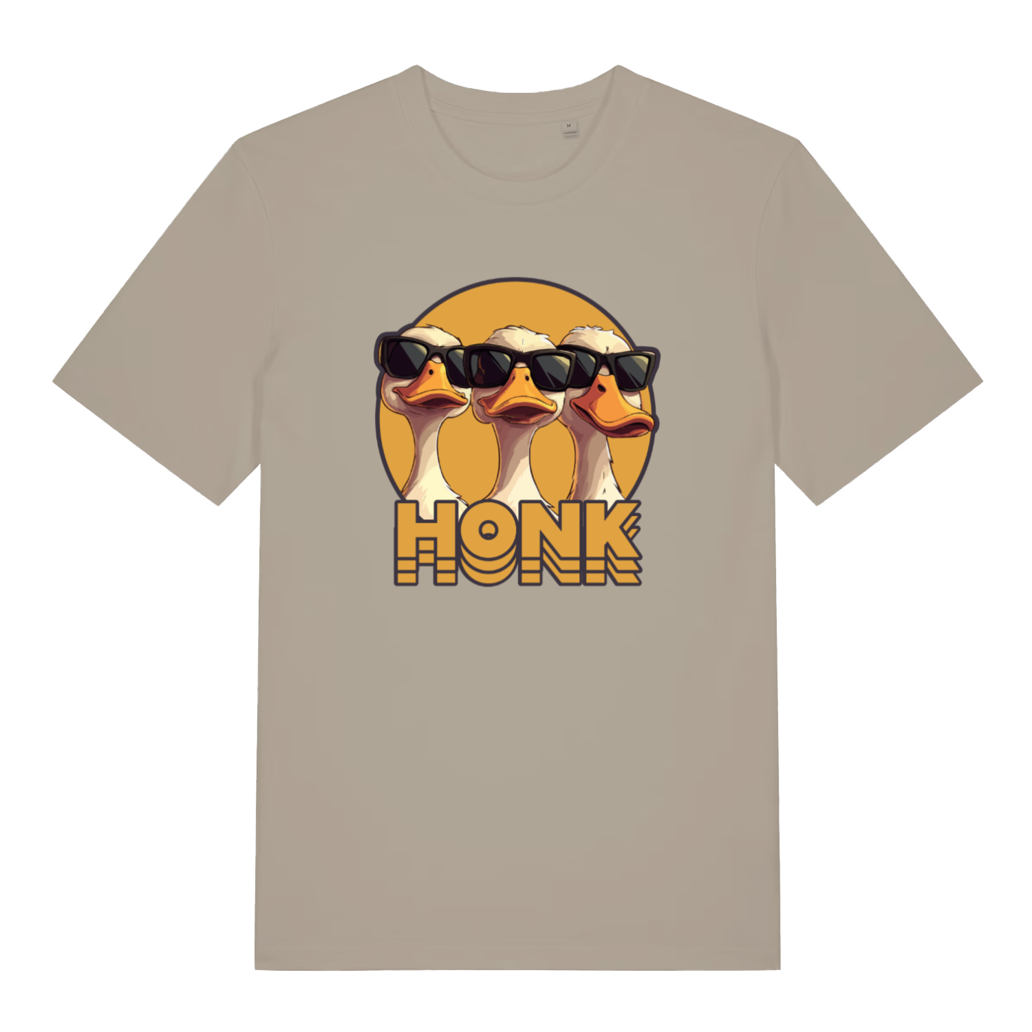 stone funny animal t-shirt with the graphic of three geese wearing sunglasses and the word 'honk'