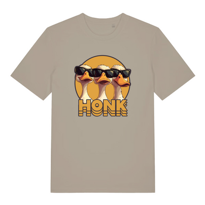 stone funny animal t-shirt with the graphic of three geese wearing sunglasses and the word 'honk'