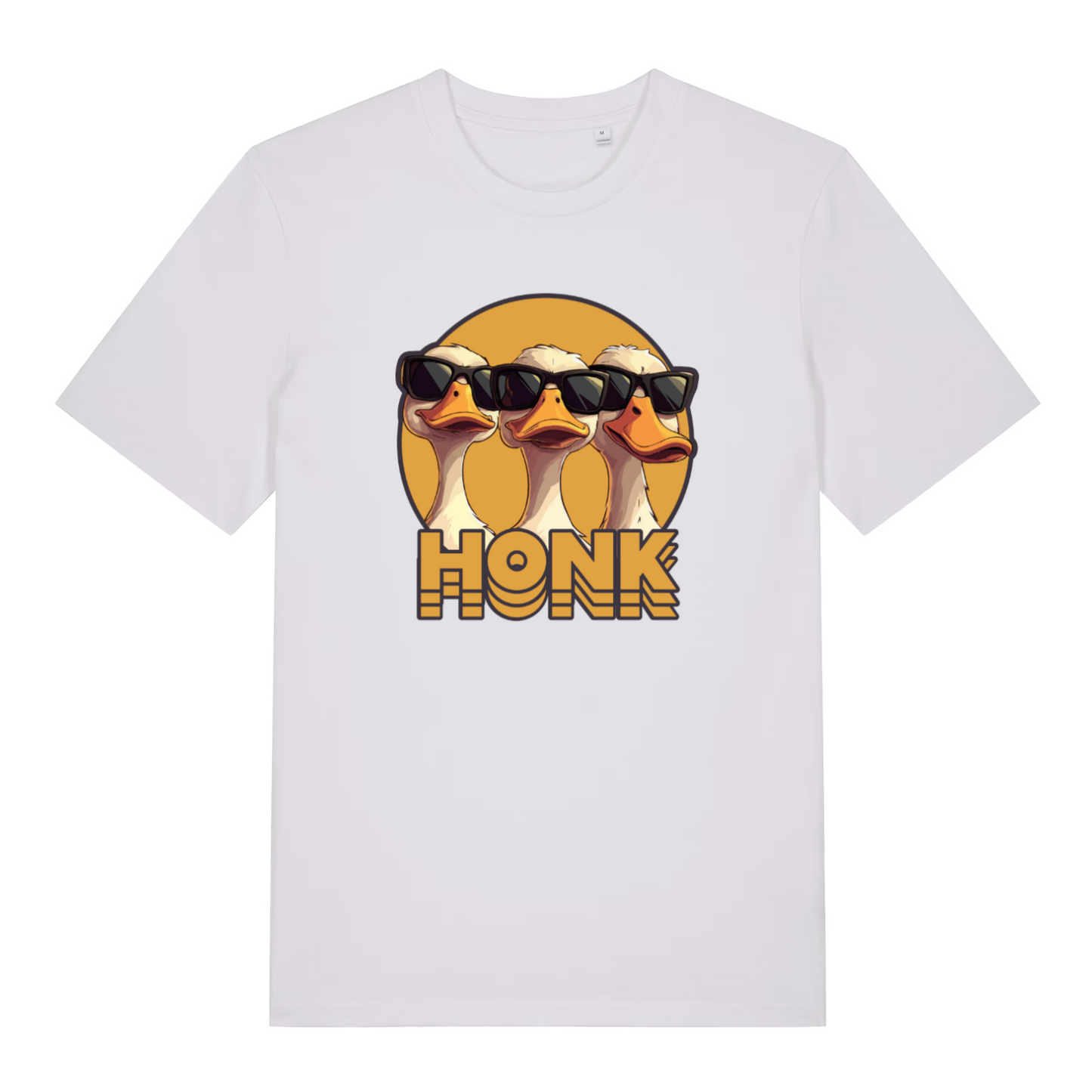 white funny animal t-shirt with the graphic of three geese wearing sunglasses and the word 'honk'