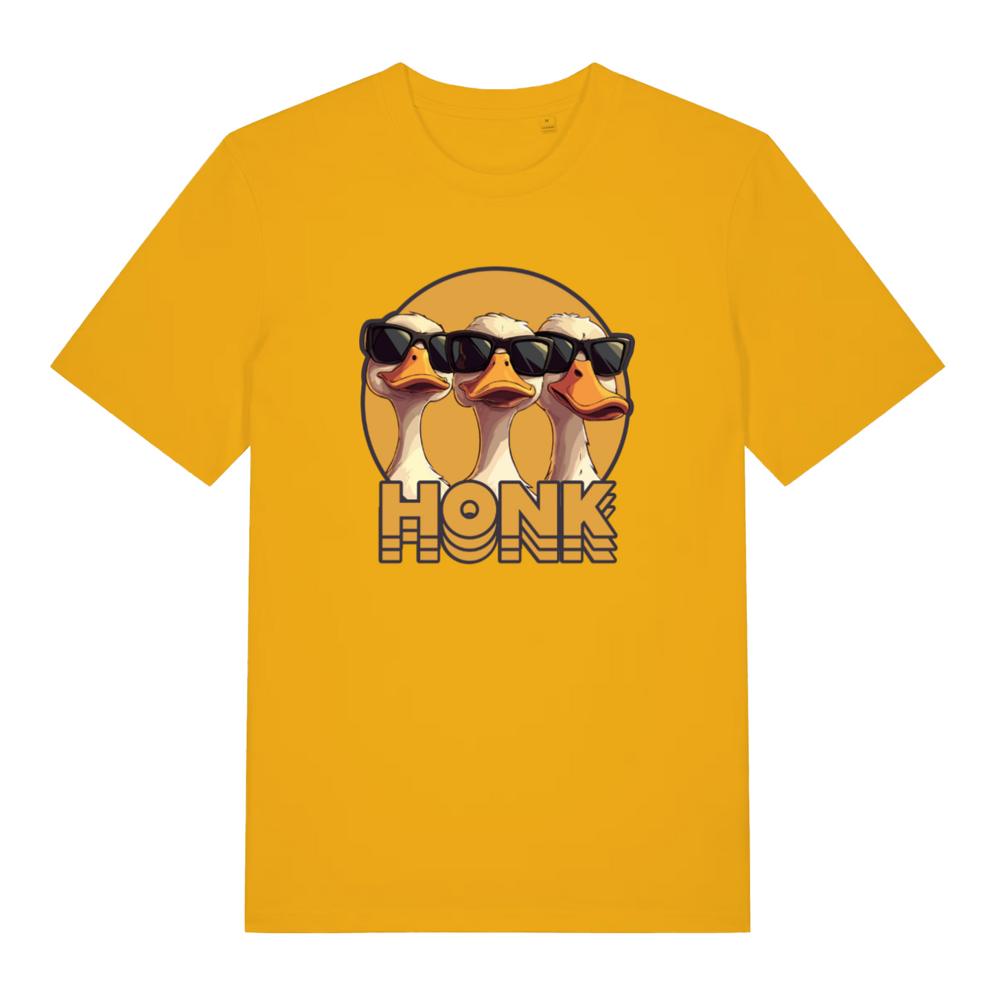yellow funny animal t-shirt with the graphic of three geese wearing sunglasses and the word 'honk'