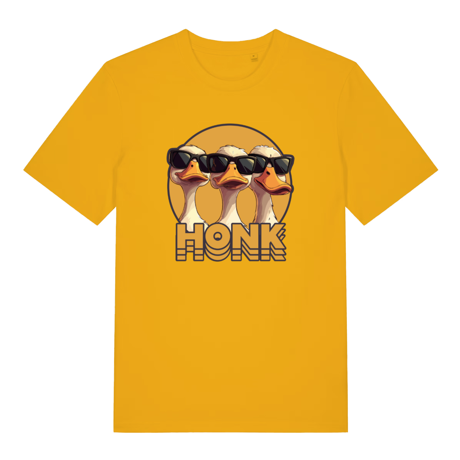 yellow funny animal t-shirt with the graphic of three geese wearing sunglasses and the word 'honk'