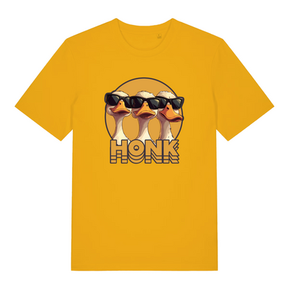 yellow funny animal t-shirt with the graphic of three geese wearing sunglasses and the word 'honk'