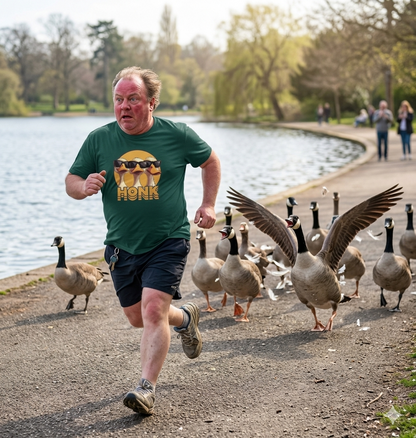 Man running on a path with geese in a park, wearing a green t-shirt with a funny animal design