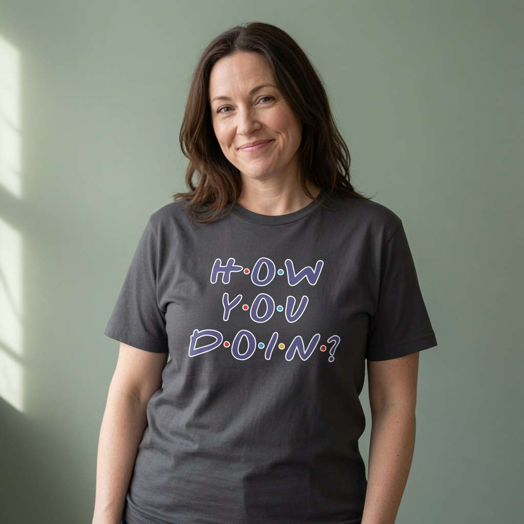 Woman with slight smile in black How You Doin’? tee, womens funny tv slogan