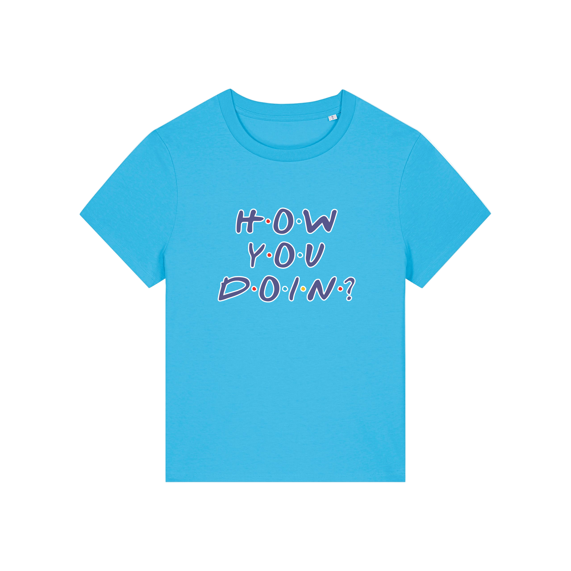 blue slogan t-shirt that reads 'how you doin'