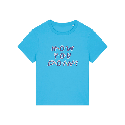 blue slogan t-shirt that reads 'how you doin'