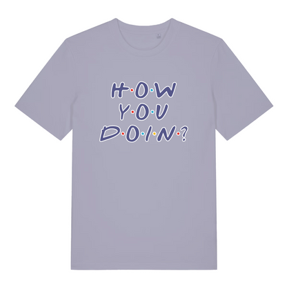 lavender women's slogan t-shirt with the text 'how you doin?'