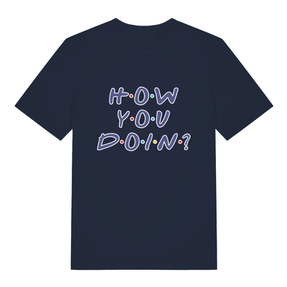 Navy women's How You Doin' T-shirt flat lay with Friends TV show inspired text