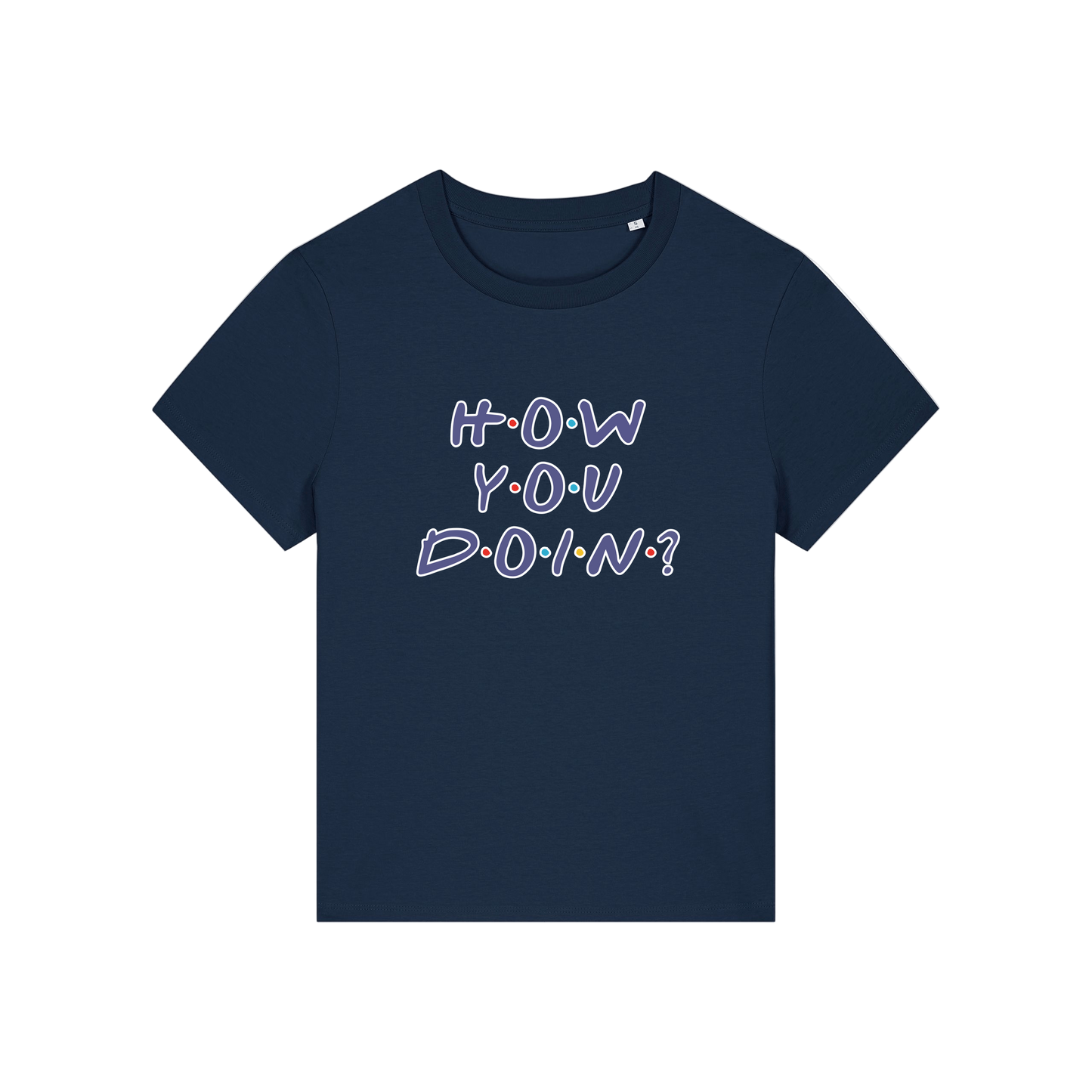 navy slogan t-shirt that reads 'how you doin'