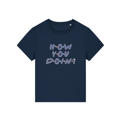 navy slogan t-shirt that reads 'how you doin'