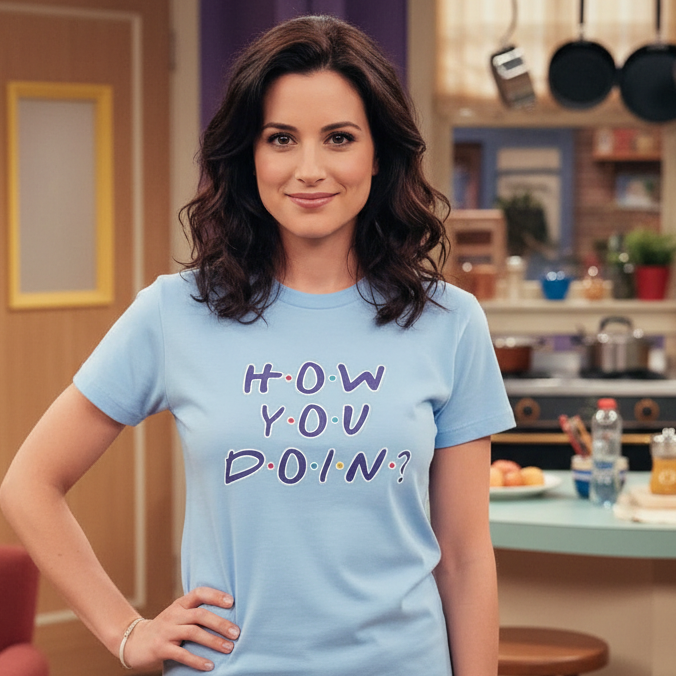Woman wearing a light blue t-shirt with 'How You Doin?' text in a kitchen setting