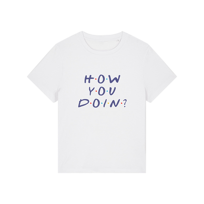 white slogan t-shirt that reads 'how you doin'