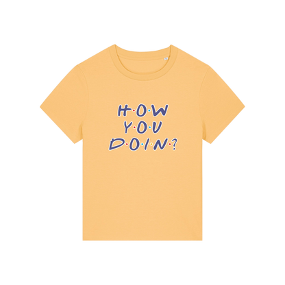 yellow slogan t-shirt that reads 'how you doin'