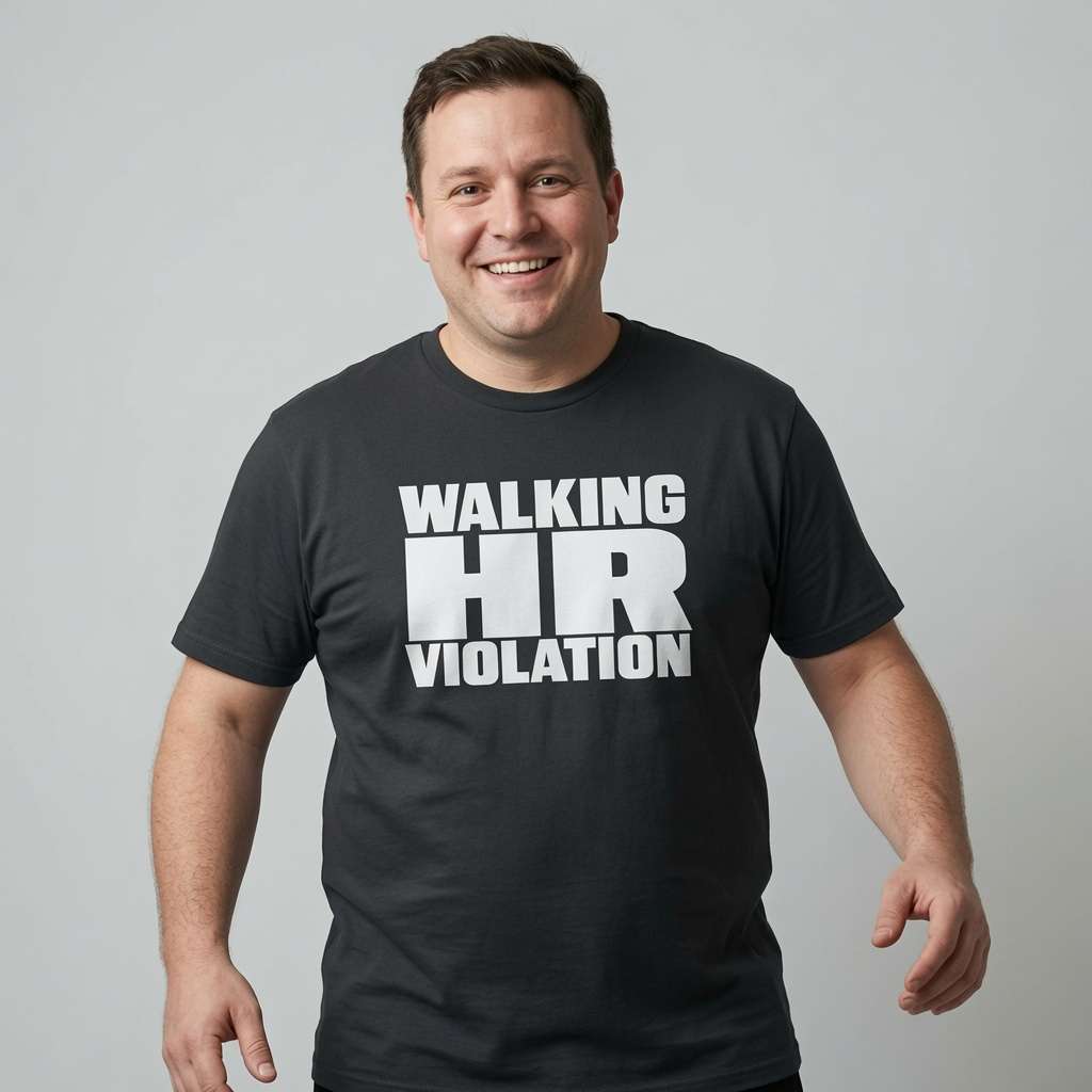 Man smiling in black Walking HR Violation tee, funny mens cheeky teams meeting slogan