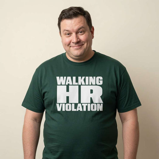 Man with slight smile in green Walking HR Violation t-shirt, mens funny teams call work slogan