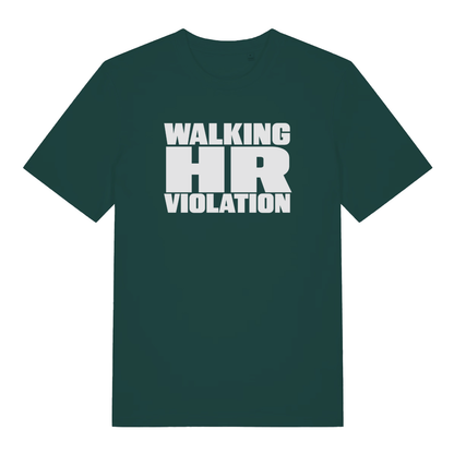 Green Walking HR Violation T-shirt flat lay featuring "Walking HR Violation" office banter design