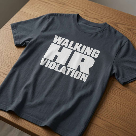 Man smiling in black Walking HR Violation tee, funny mens cheeky teams meeting slogan