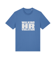 blue funny t-shirt with the slogan 'walking hr violation'