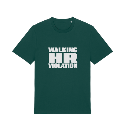 green funny t-shirt with the slogan 'walking hr violation'