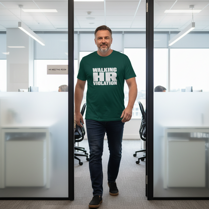 Man wearing a green t-shirt with 'Walking HR Violation' text in an office setting