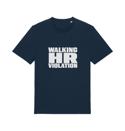 navy funny t-shirt with the slogan 'walking hr violation'