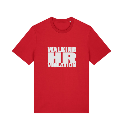 red funny t-shirt with the slogan 'walking hr violation'