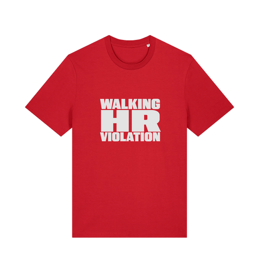 red funny t-shirt with the slogan 'walking hr violation'