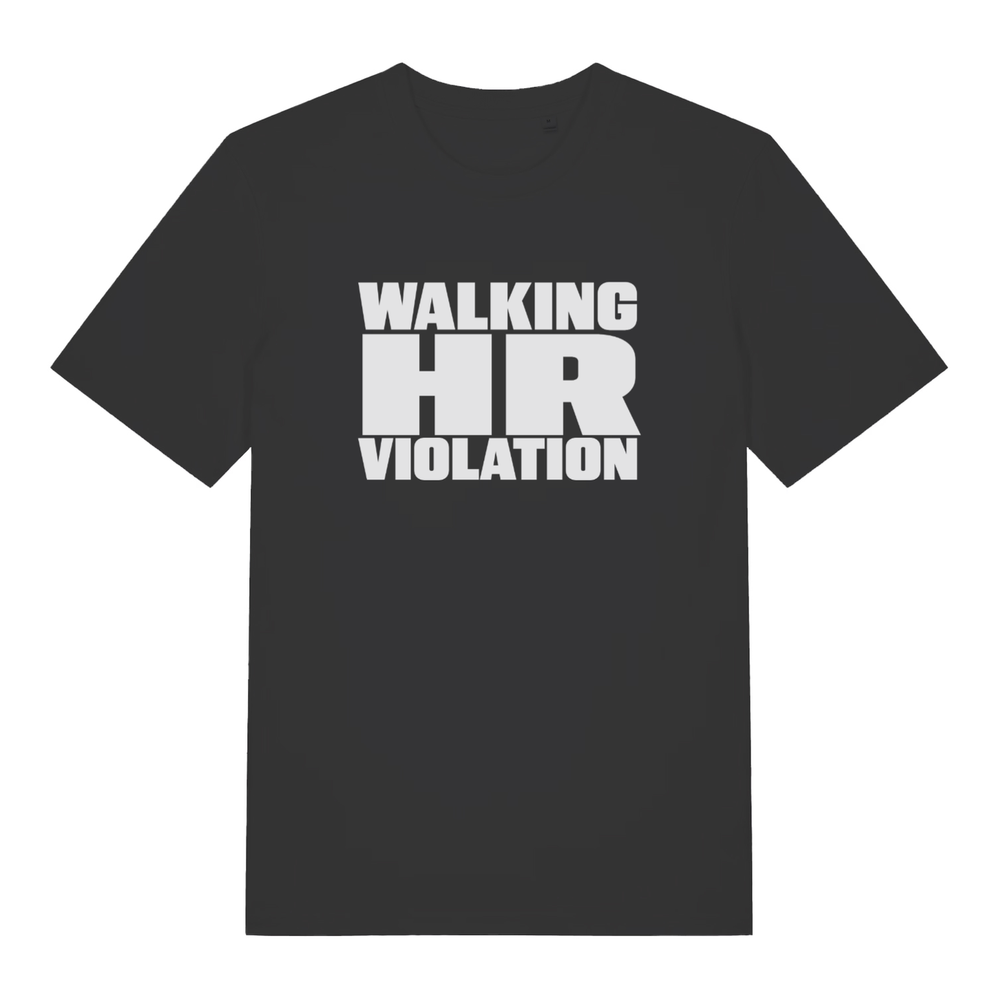 Black women's HR Violation funny graphic t-shirt with bold white "WALKING HR VIOLATION" slogan text, perfect rebellious office banter tee  