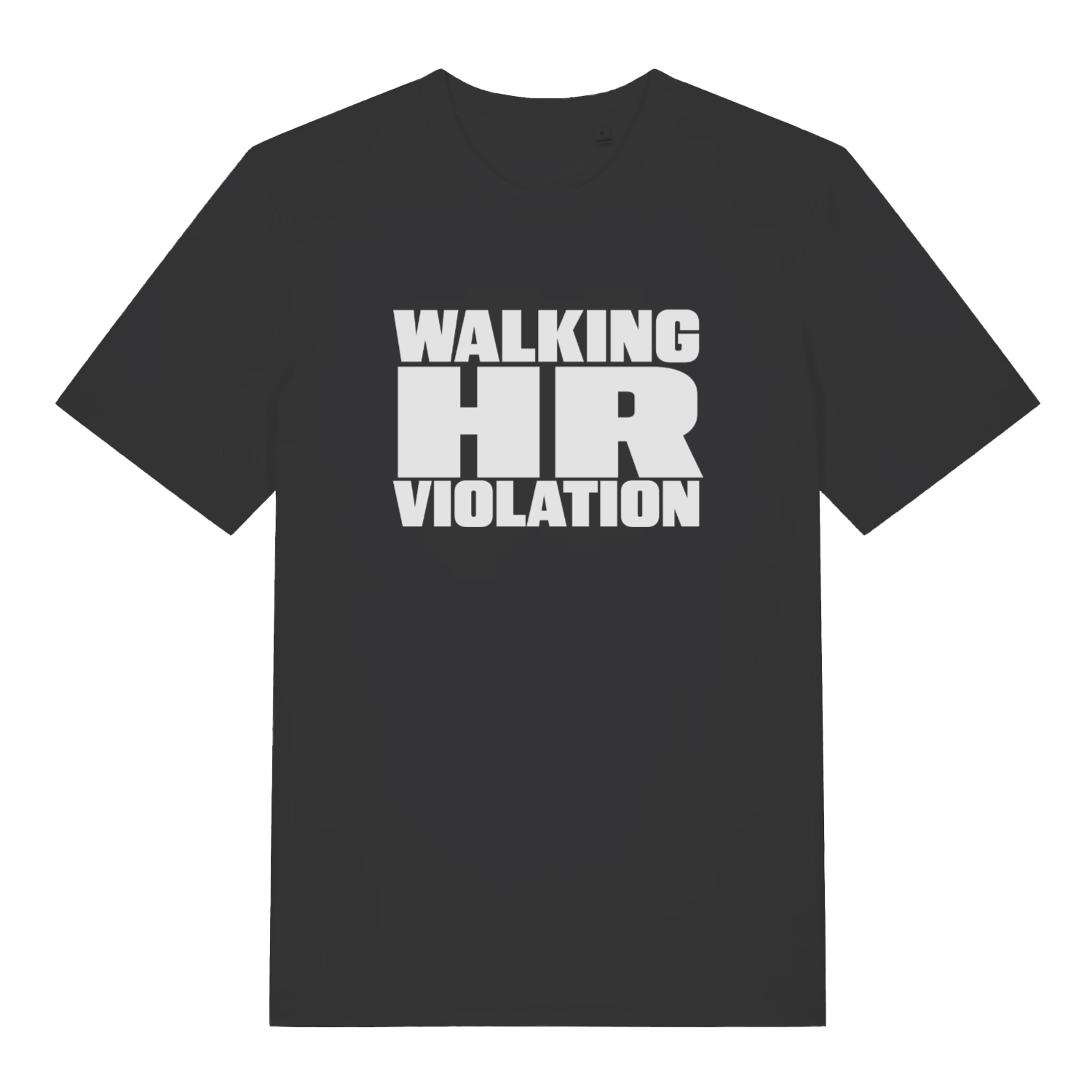 Black women's HR Violation funny graphic t-shirt with bold white "WALKING HR VIOLATION" slogan text, perfect rebellious office banter tee  