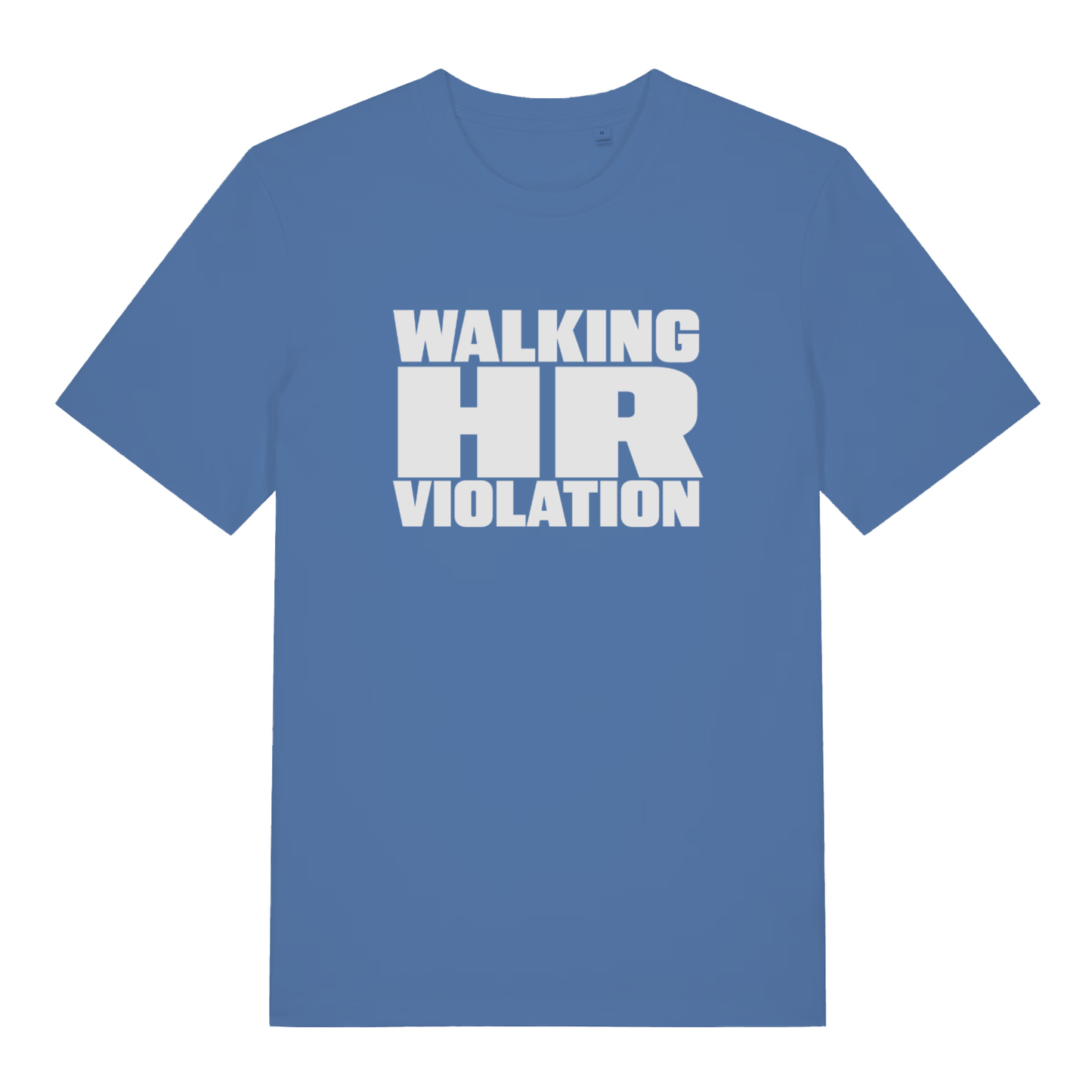 Blue women's HR Violation funny graphic t-shirt featuring large white stacked "WALKING HR VIOLATION" lettering on soft ladies fit  