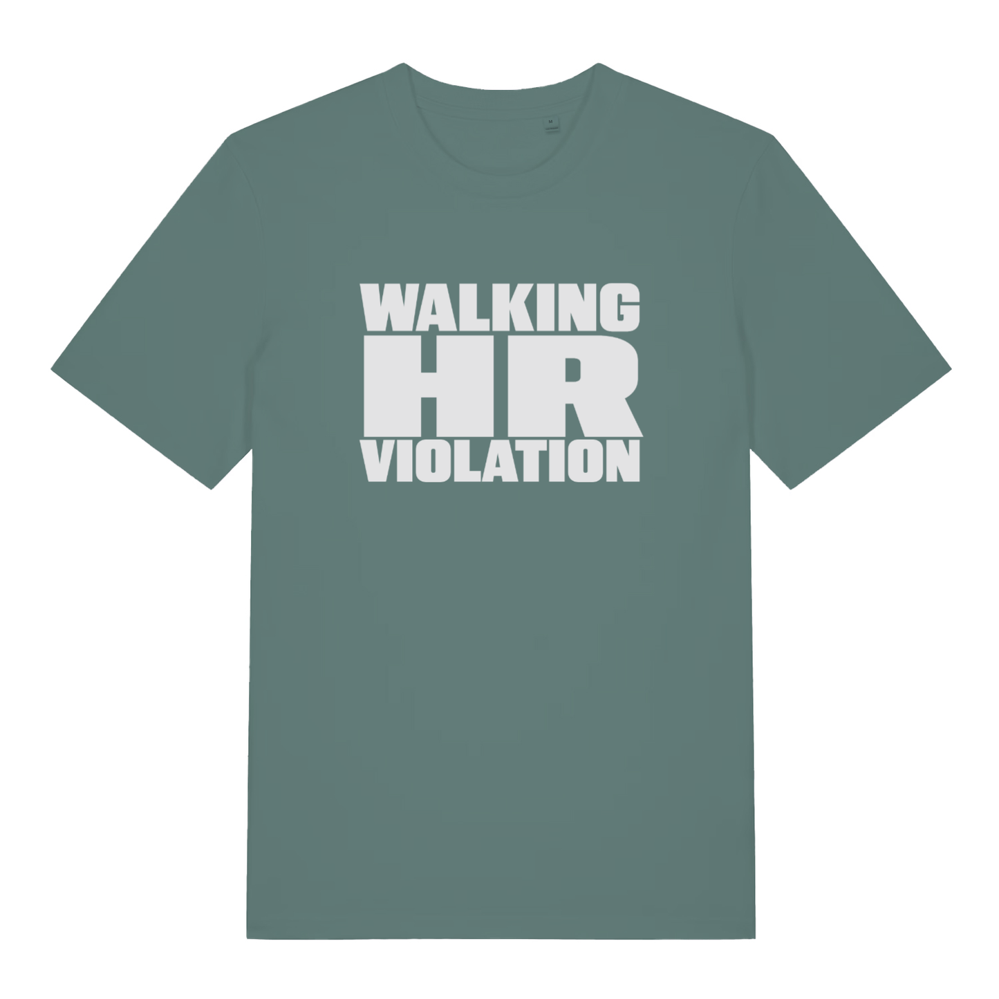 Green women's HR Violation funny graphic t-shirt displaying cheeky bold "WALKING HR VIOLATION" slogan for workplace rebels  