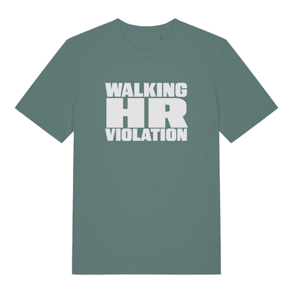 Green women's HR Violation funny graphic t-shirt displaying cheeky bold "WALKING HR VIOLATION" slogan for workplace rebels  
