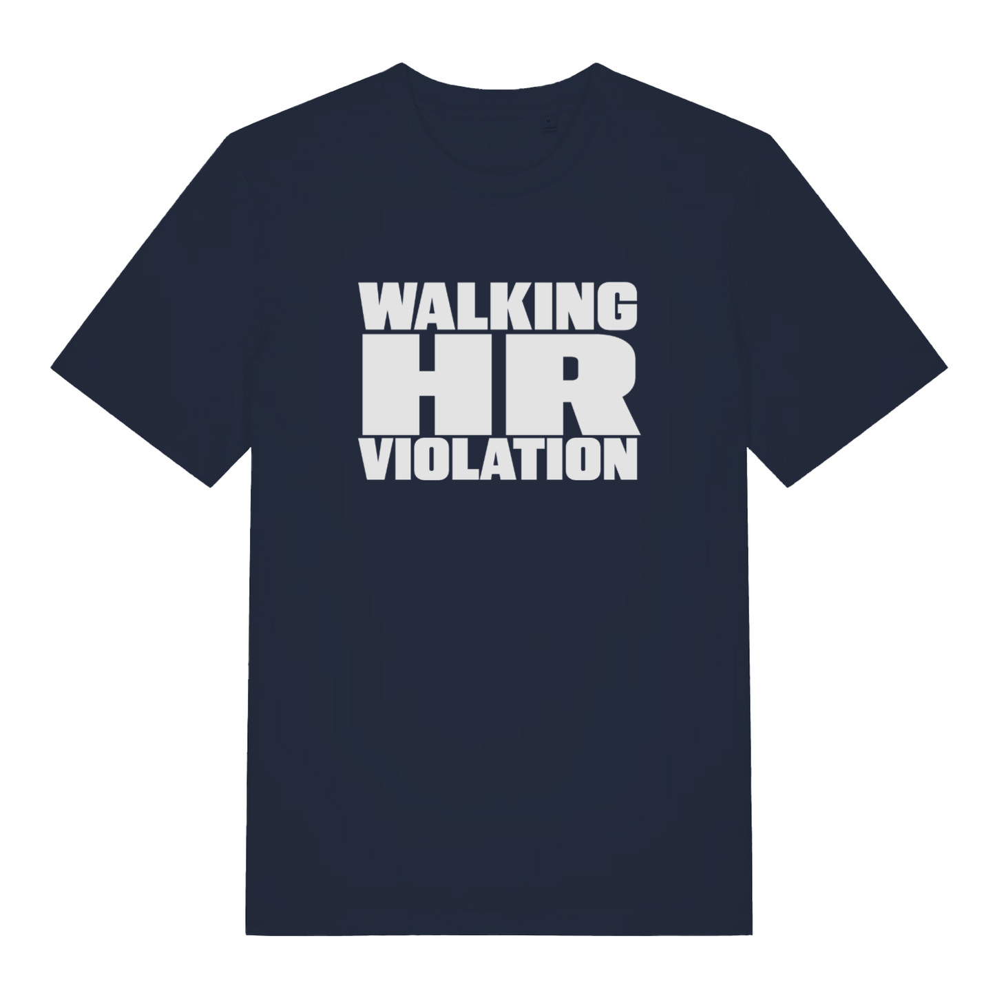 Navy women's HR Violation funny graphic t-shirt with striking white "WALKING HR VIOLATION" text in sarcastic office pun style  